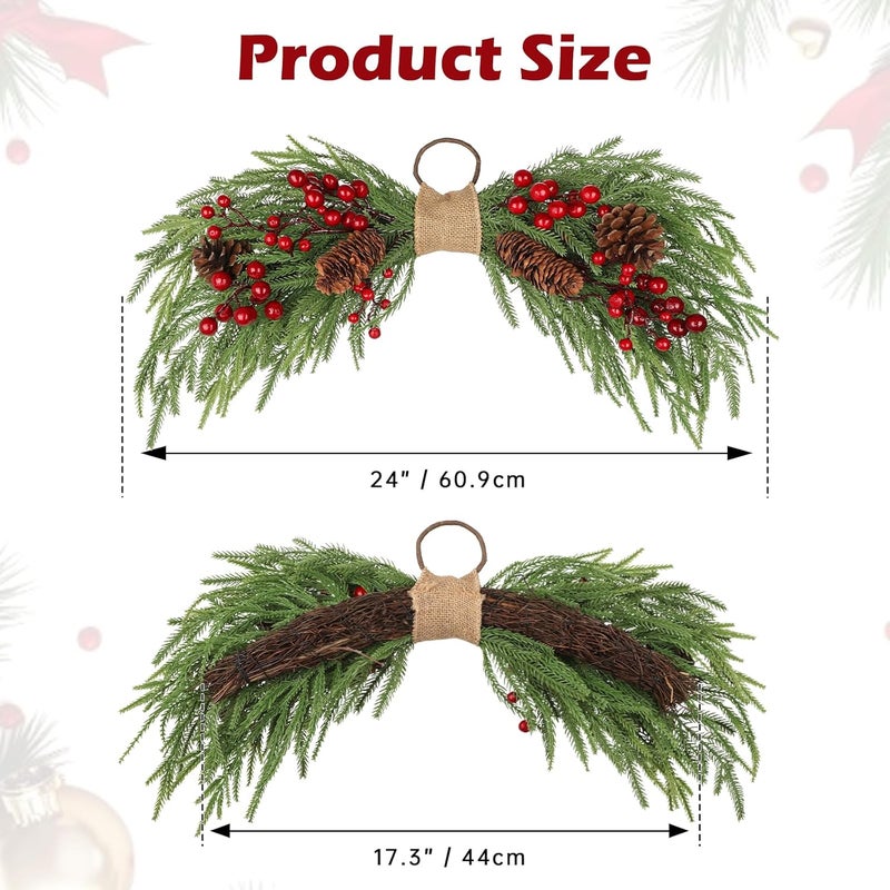 Arborus 2PCS Artificial Christmas Swags with Norfolk Pine, Red Berries and Pinecones, 24" Christmas Thanksgiving Decorations for Front Door, Mantel, Staircase, Window, Xmas Décor - Image 3